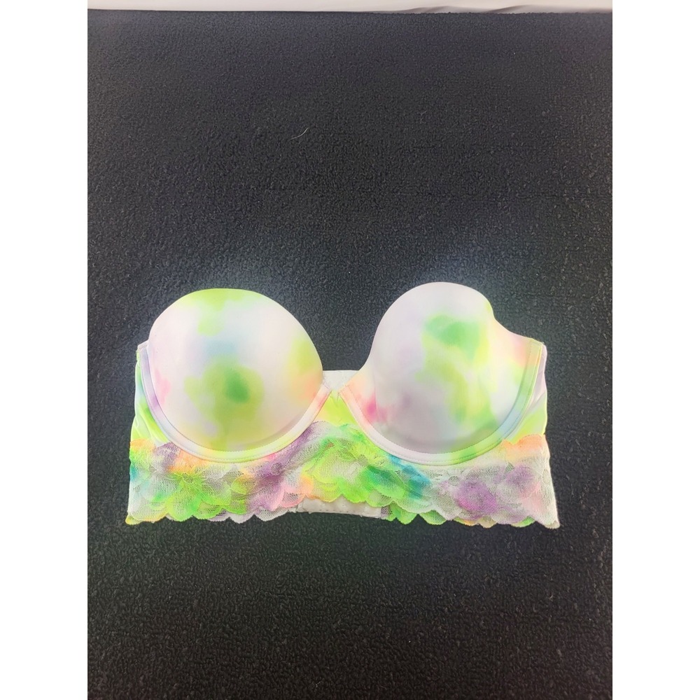 Victoria's Secret Strapless Bustier Bra 34c Watercolor Pastel Neon Lace